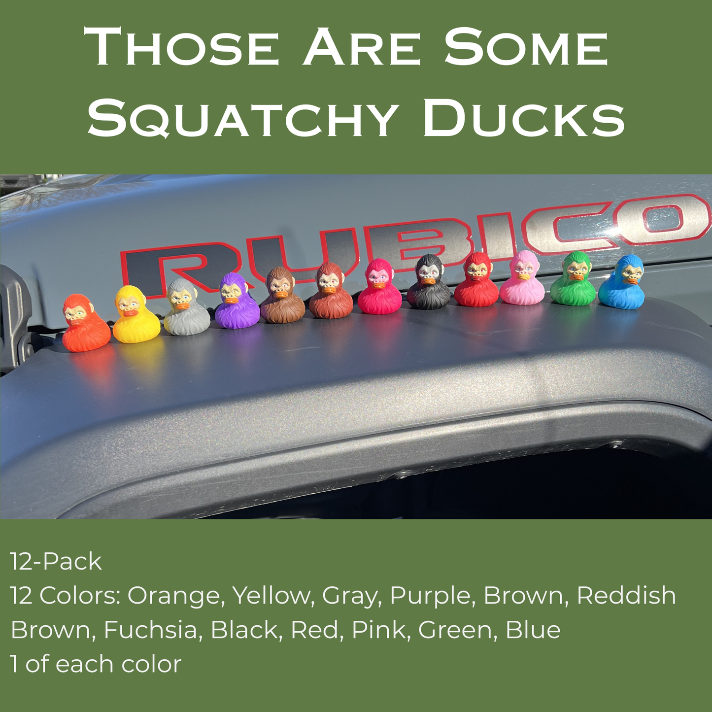 Bulk Bigfoot Rubber Ducks, 2 Inch Size, Party Colors, 12-Pack