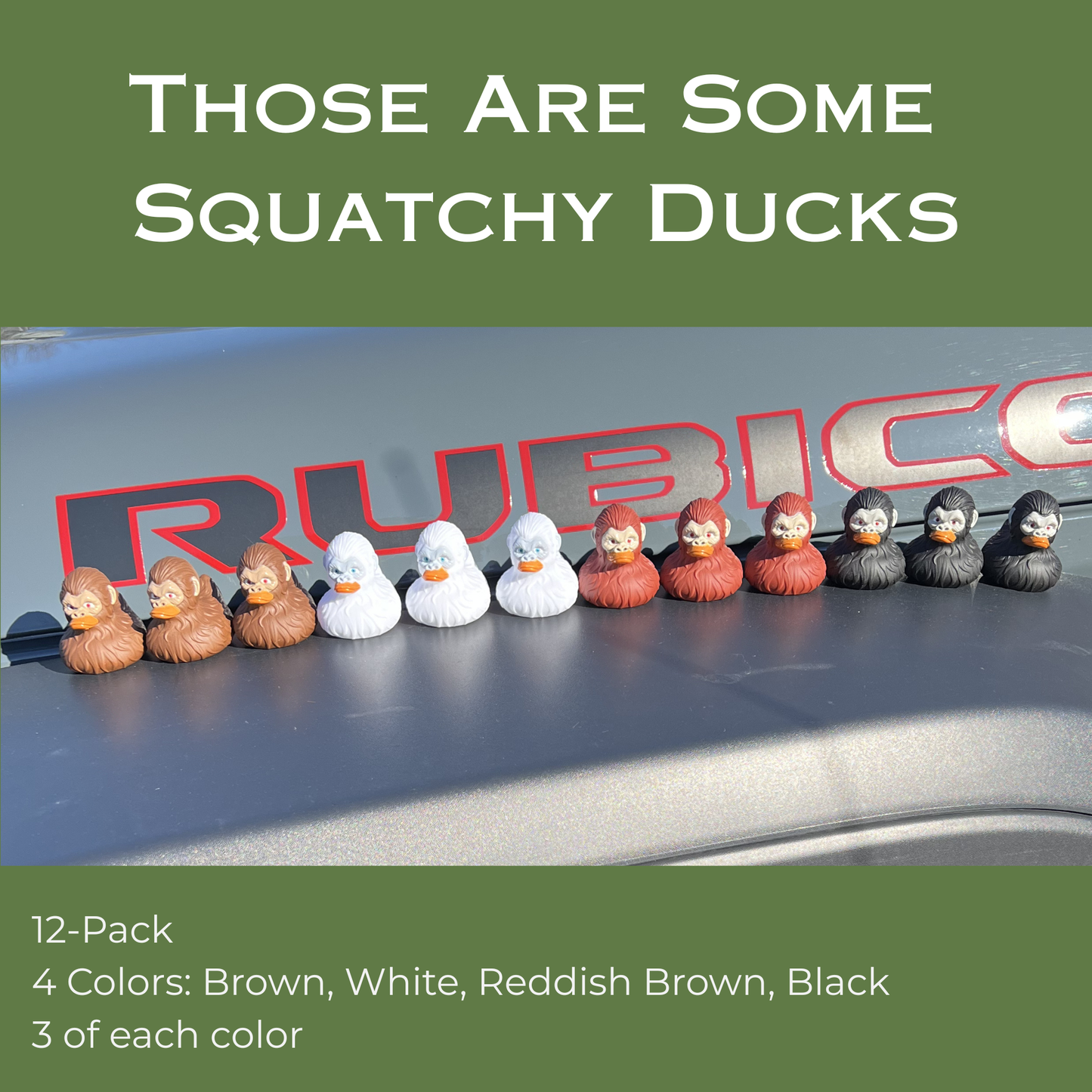 Bulk Bigfoot Rubber Ducks, 2 Inch Size, Multi Color, 12-Pack